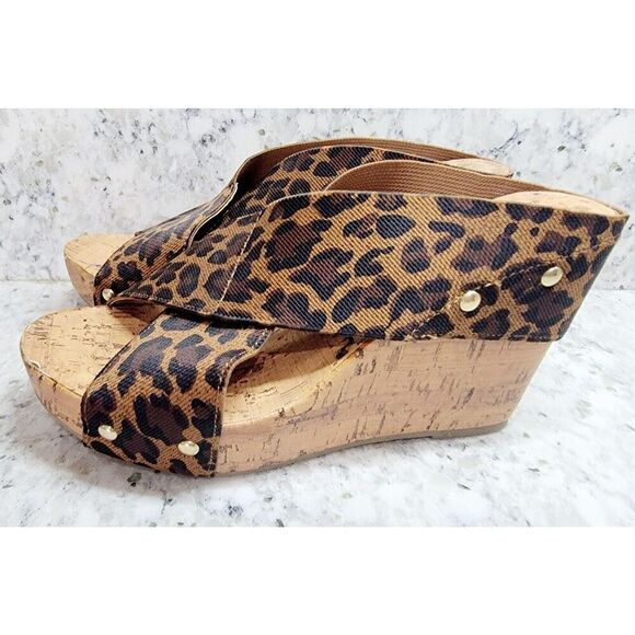 Montego Bay Club 6.5  Cork Wedge Sandals Leopard Print Brown Black 2" Heel‎ - Picture 2 of 12